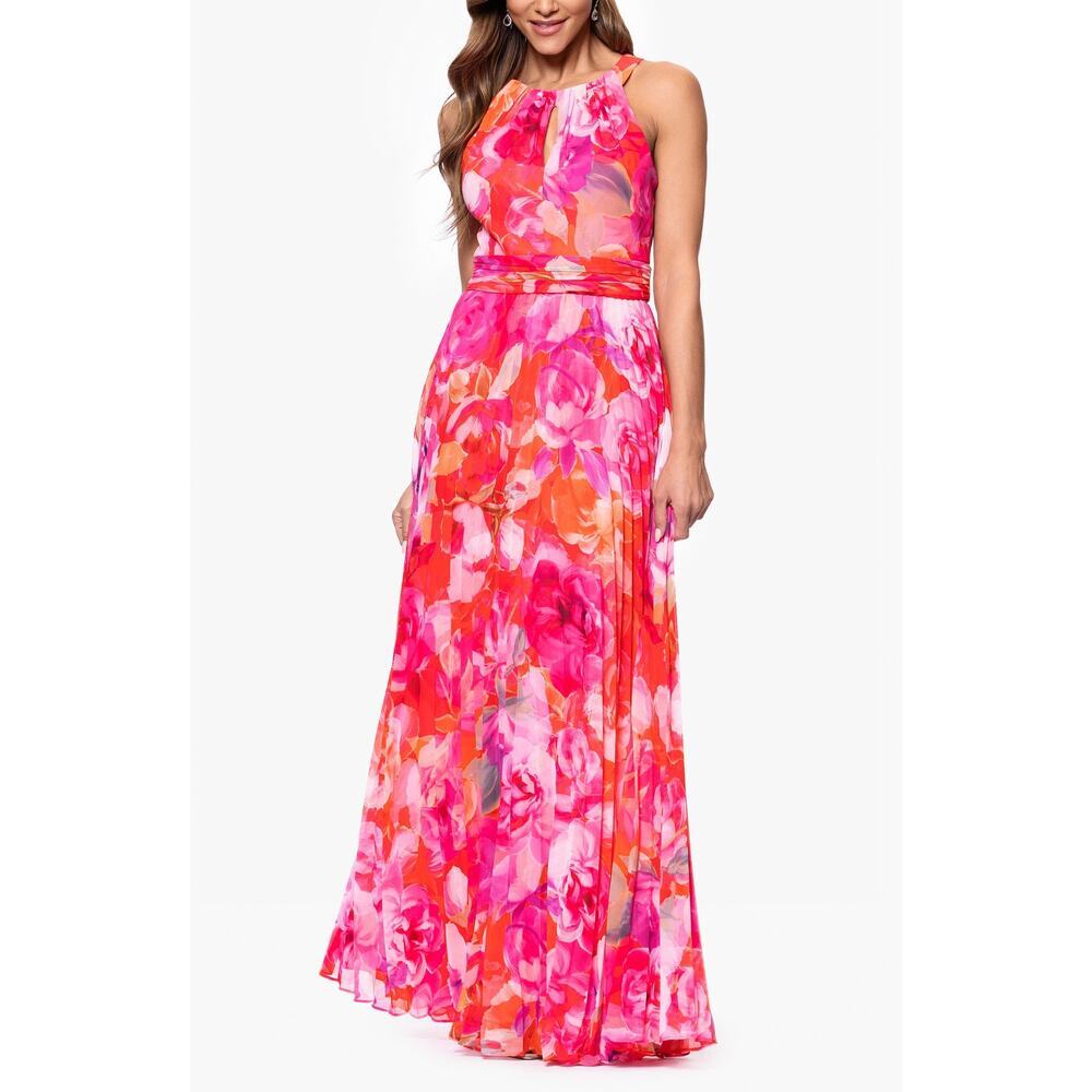 Xscape Evenings Women's Keyhole Pleated Chiffon Maxi Dress Pink Size 4P NWT
